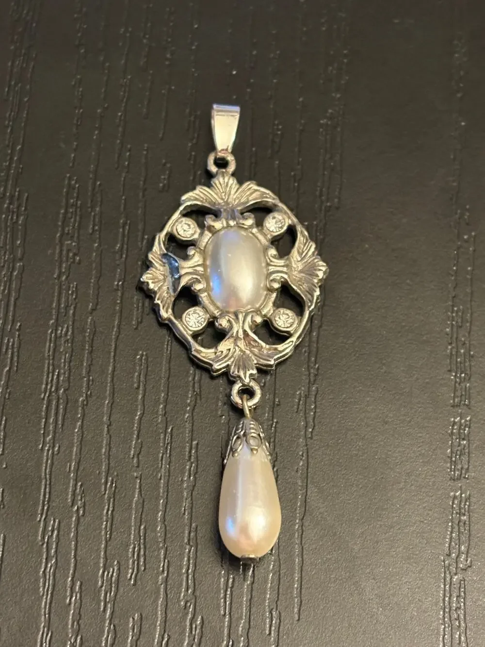 Art Nouveau Style Pendant, Faux Moonstone & Pearl Drop